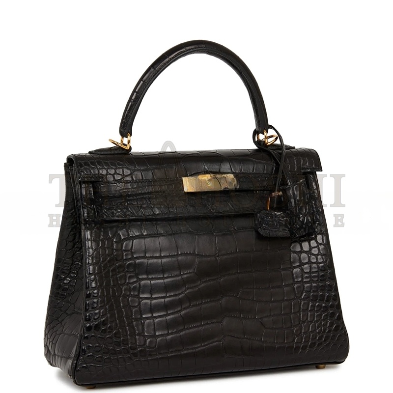 H**me5 MASTER KELLY RETOURNE 25 BLACK MATTE ALLIGATOR GOLD HARDWARE (25*20*13cm) Master Quality